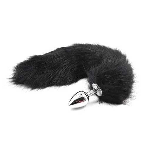 Black Faux Fur Tail with Metal Butt Plug - Large
