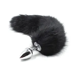 Black Faux Fur Tail with Metal Butt Plug - Large