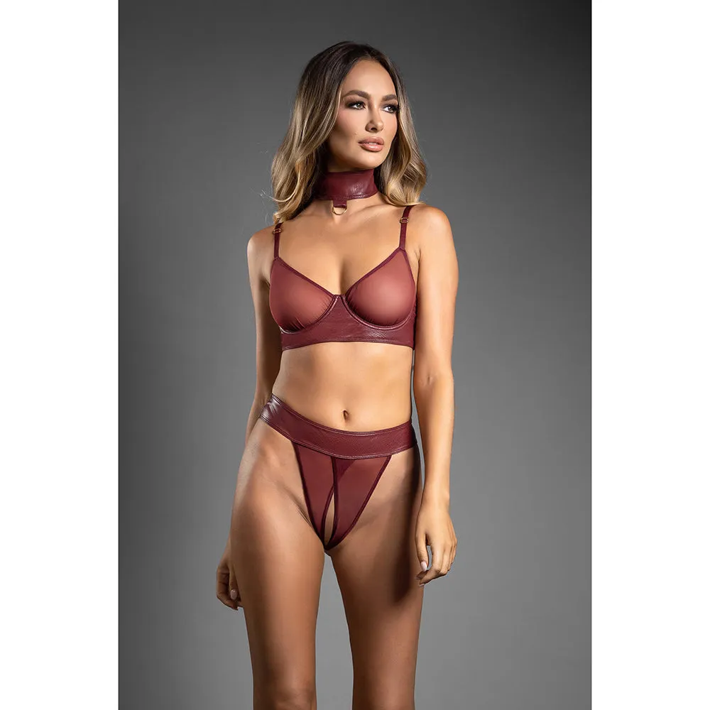 Fantasy Lingerie Domina Embossed Faux Leather Convertible Bra with Chain Leash & Open Panty L/XL