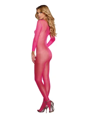 Fishnet Long Sleeved Open Crotch Bodystocking Neon Pink O/S