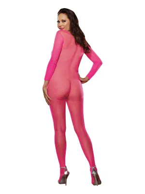 Fishnet Long Sleeved Open Crotch Bodystocking Pink QN
