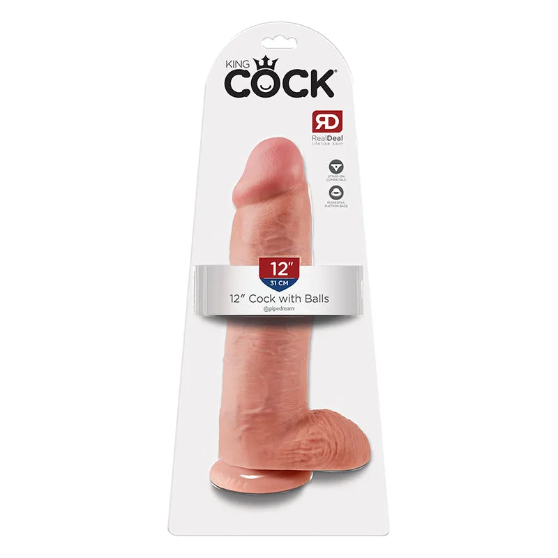 King Cock 12 in. Cock With Balls Realistic Suction Cup Dildo Beige