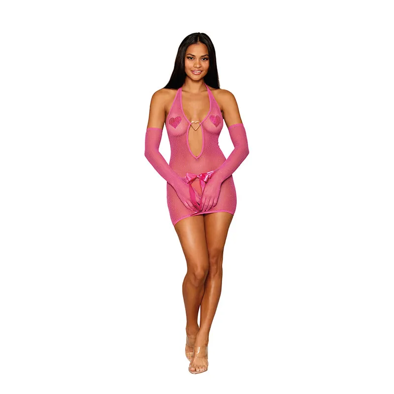METALLIC FISHNET CHEMISE W/ GLOVE RESTRAINTS PEONY O/S