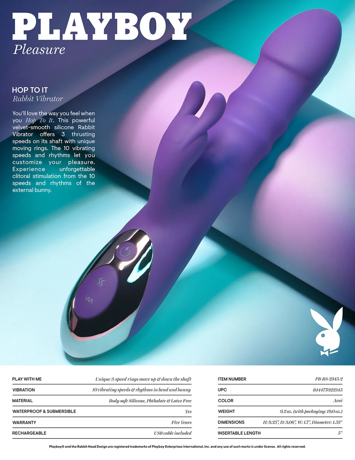 Playboy Pleasure HOP TO IT Thrusting G Spot Rabbit Vibrator Telescopic Sex Toy